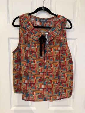 NWT Modcloth Multicolor Book-Print Sleeveless Camisole with Tie Collar